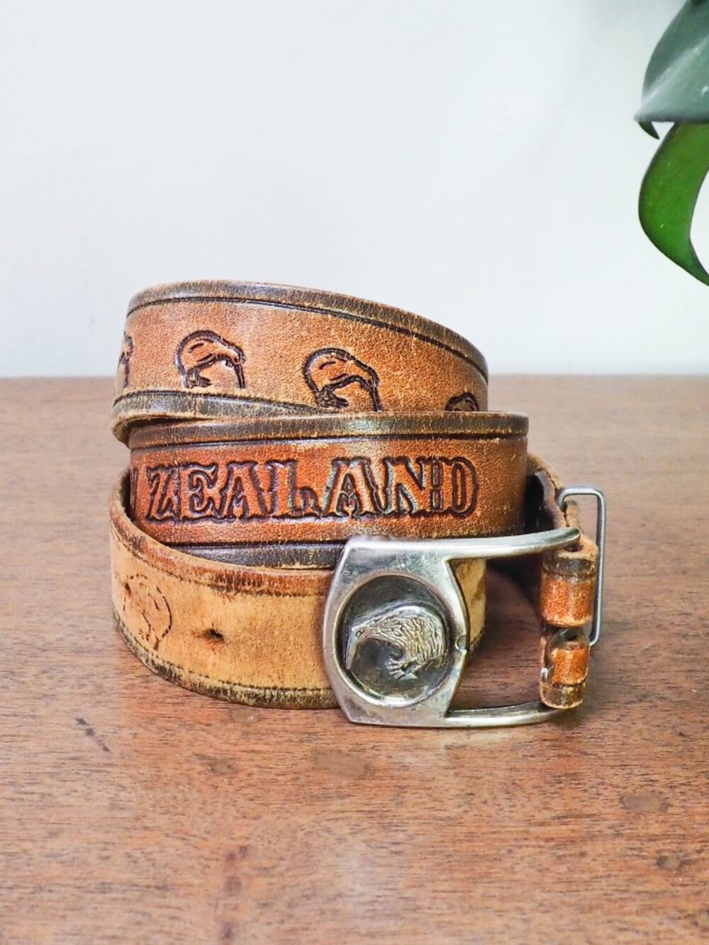 Vtg Kiwi Bird Stamped Leather Belt and Buckle - Vintage New Zealand Tooled Belt